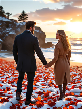 冬日黄昏海边看日出情侣背影图片